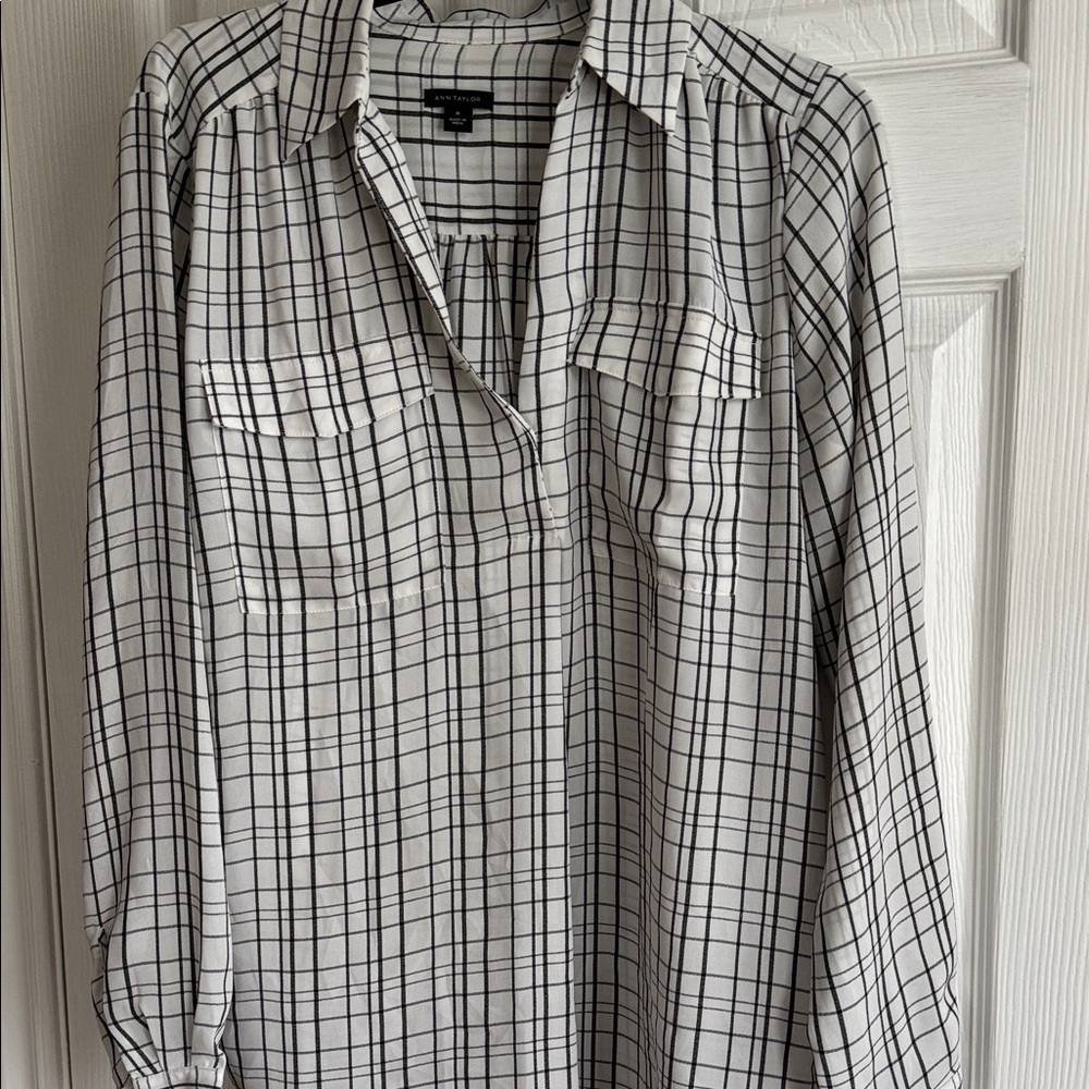 Ann Taylor Black and White Plaid Blouse
